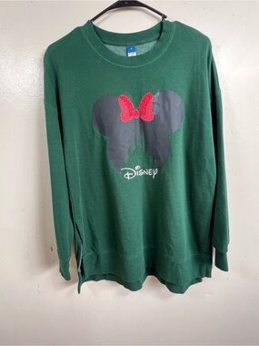 Old Navy Green Crewneck Sweater with Black Minnie Silhouette and Red Bow